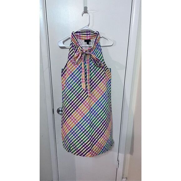 J CREW RAINBOW GINGHAM TIE NECK DRESS MULTI COLOR DRESS WOMENS SIZE 6 - Picture 1 of 10